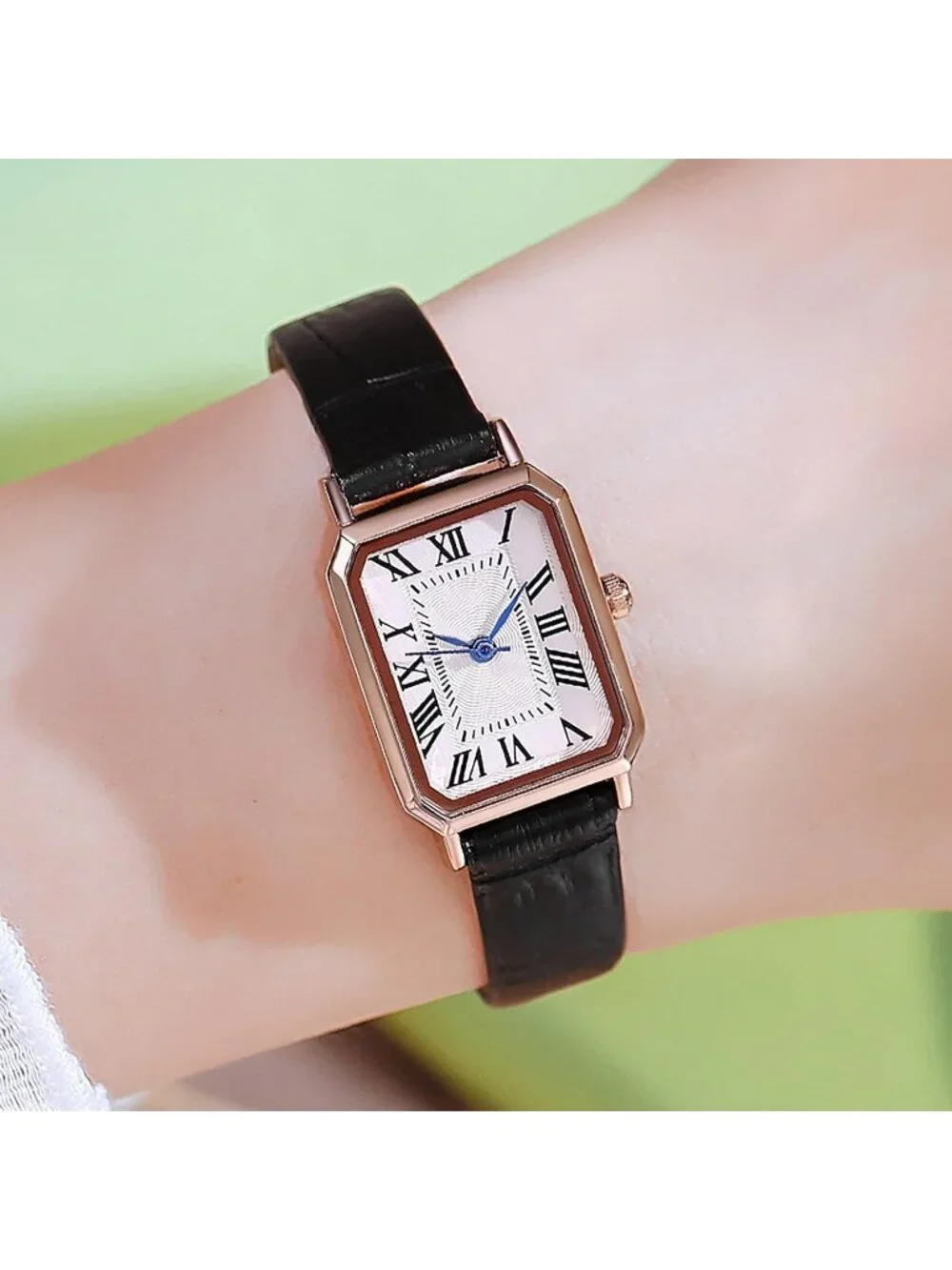 Women's Black Rose Gold White Leather Strap Elegant Vintage Rectangle Wristwatch